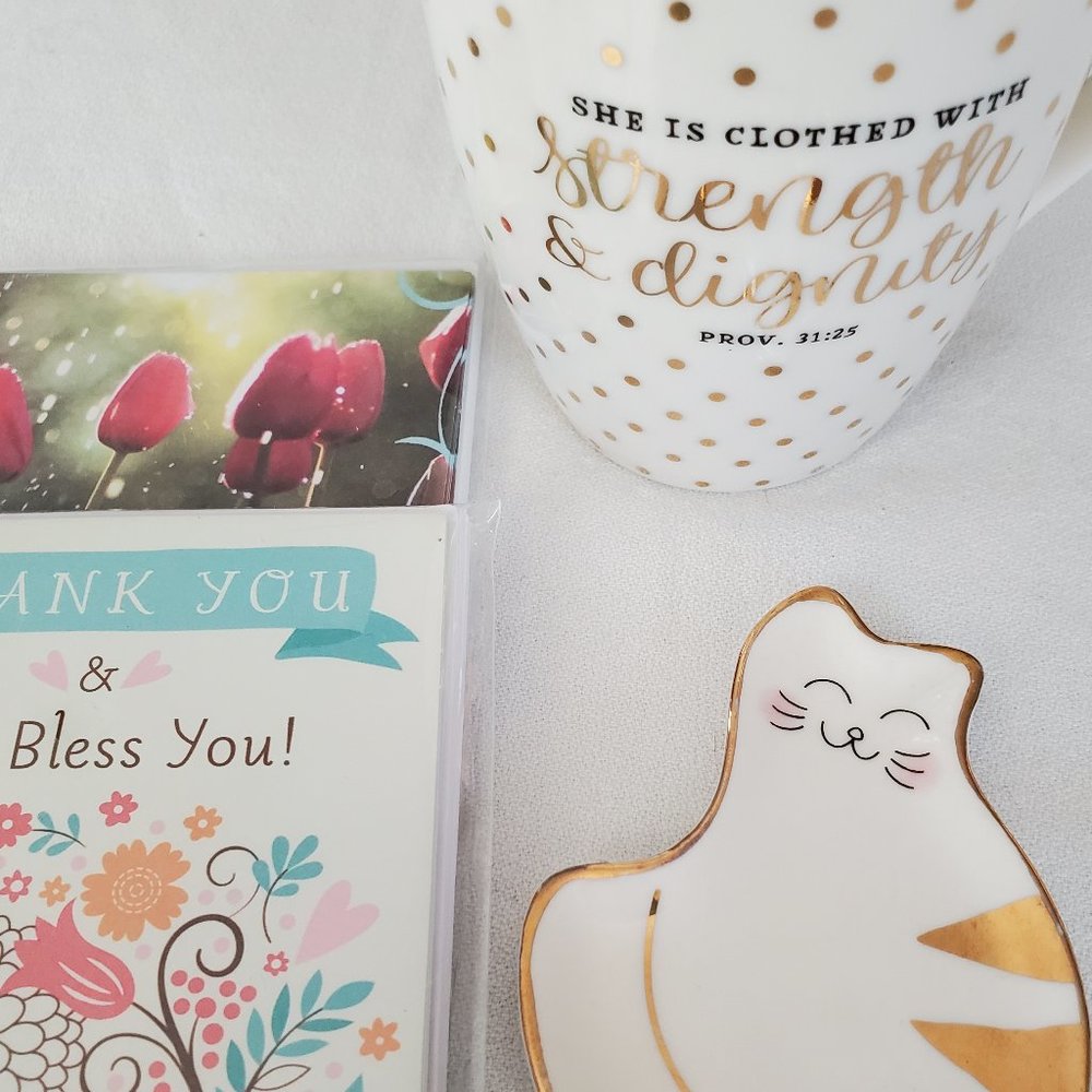 Christian Faith Mug, Kitty Dish and 2 Sets Cards